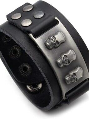 NEW Skull Hip Hop Alloy Skulls Wristband Leather Cuff Bracelet 7: to 8" Goth